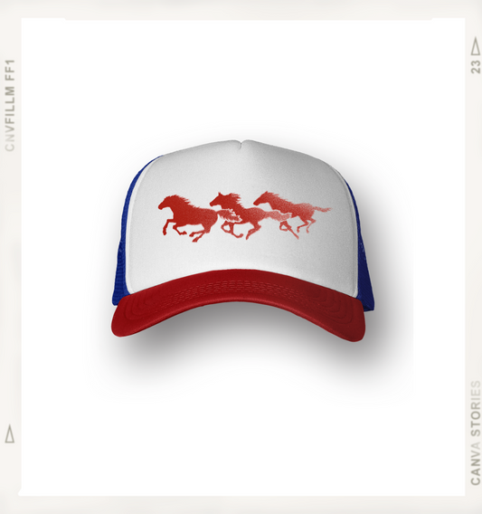 Red, White, Blue, Running with Horses Trucker Hat with American Flag